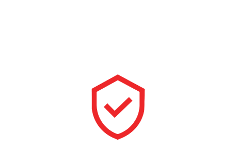 Red shield icon with a checkmark inside a white circle on a black background.